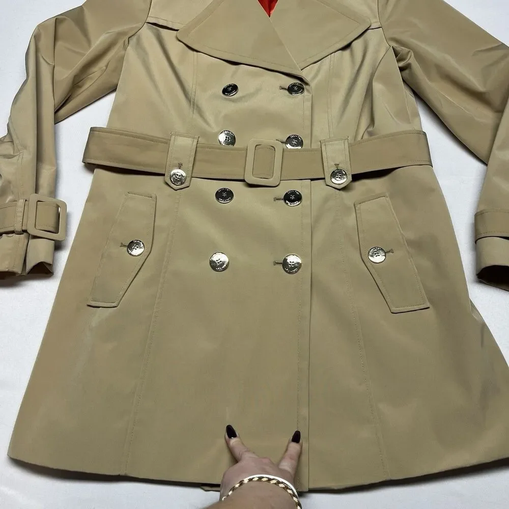 Calvin Klein Beige Double Breasted Belted Trench Coat Red - Picture 3 of 13